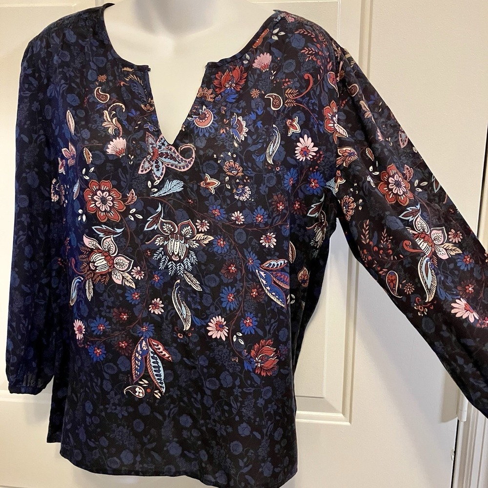 Ecru Blouse Women's Medium Navy Blue Long Sleeve Floral Shirt Career Top‎ Boho